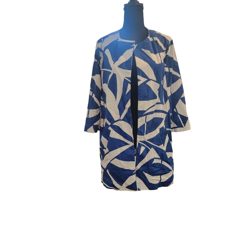 Chico's Blue White Abstract Geometric Open Front Topper Jacket Size 2 Large - Picture 2 of 5
